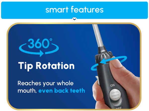 Image of Waterpik tooth flosser tip with text reading three hundred sixty tip rotation.