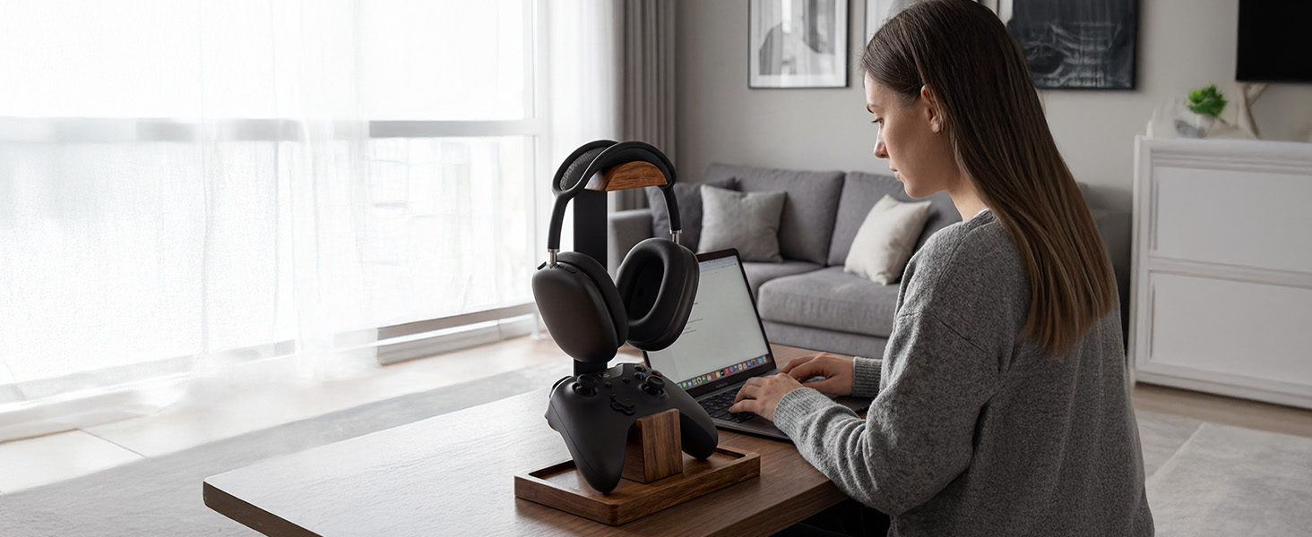 Solid Walnut Wood Headphone Stand with Controller Holder|2-in-1 Gaming Desk Organizer|for PS5
