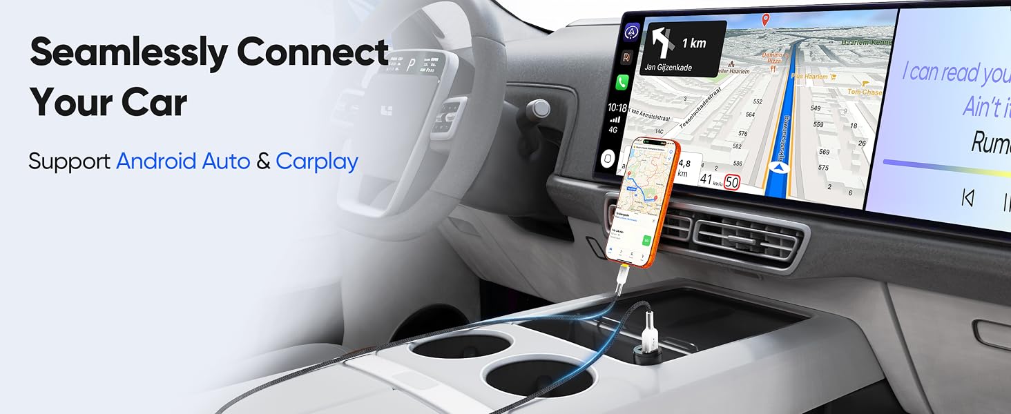 USB-C cable, stable for CarPlay & Android Auto, supports navigation, music, calls and car charging