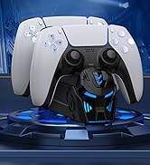 Gaming controller charging station with two white PS5 controllers and black illuminated charging base featuring blue LED lighting.