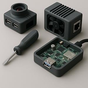 Modular electronics kit with USB ports, cooling fan, circuit board, and screwdriver