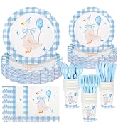 175 PCS One Silly Goose Birthday Party Tableware Set, Blue Gingham Party Supplies for 25 Guests S...