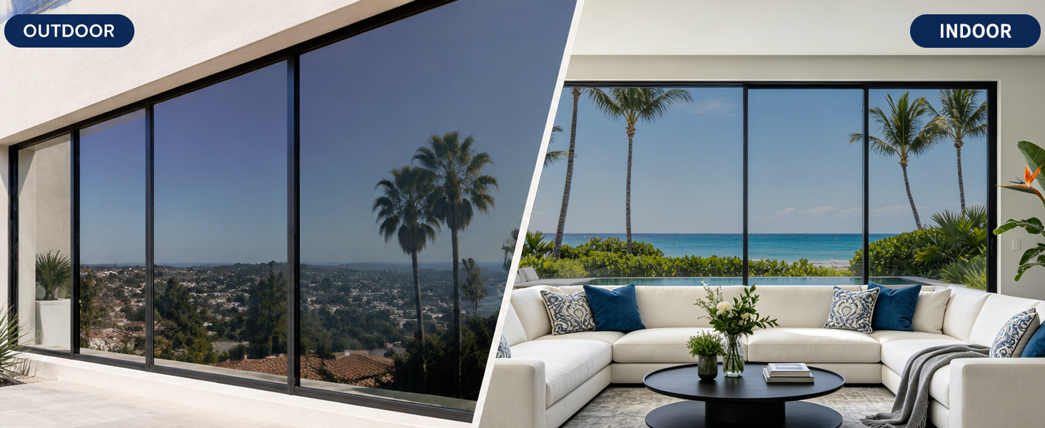 Clear indoor ocean view and reflective mirror window film outdoor view