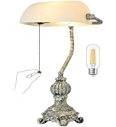 Newrays Retro White Matted Glass Bankers Desk Lamp for Home Office,Library with Pull Chain Switch...
