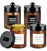 Amolliar Amber Glass Qtip Holder, Apothecary Jars with Black Plastic Lid & Stickers-Bathroom Qtip...