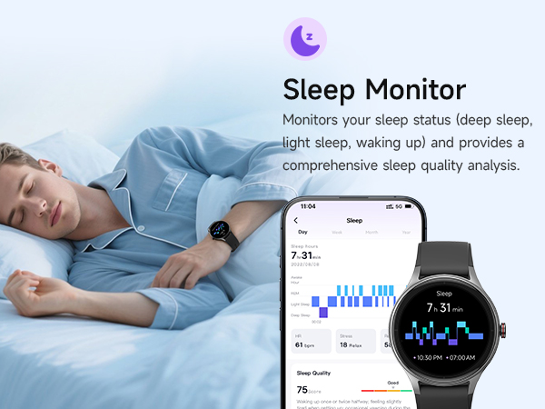 Text reads 'Sleep Monitor'. Product showcase of smartwatch sleep tracking feature, showing interface screens and person sleeping, with device displaying sleep data.