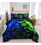 PERFEMET 6-Piece Game Twin Comforter Set for Kids Blue and Green Boys Gaming Bed in a Bag with Sh...