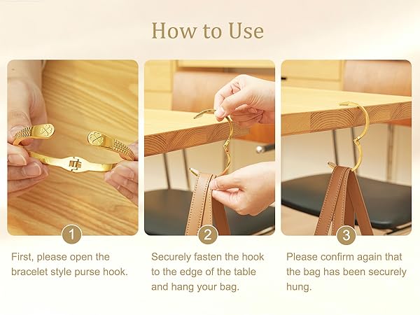 Securely fasten the hook to the edge of the table and hang your bag.
