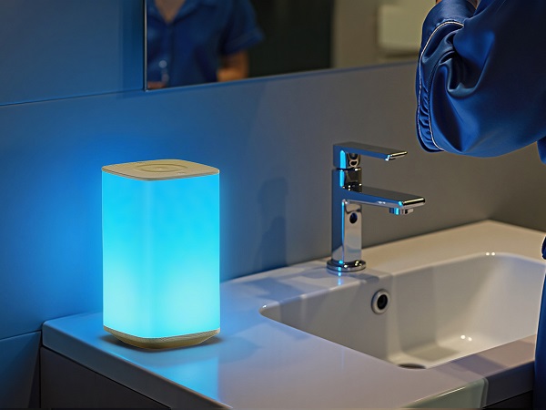 Soft glare-free night light illuminating a bathroom vanity for safe midnight bathroom trips.