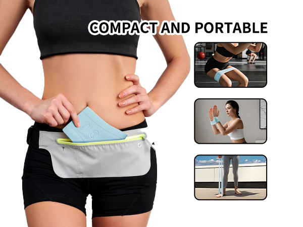 Slim waist pack demonstrated in use, showing compact design with multiple wearing positions and activity scenarios in smaller panels.