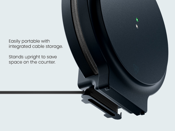 Stands upright to save space on the counter