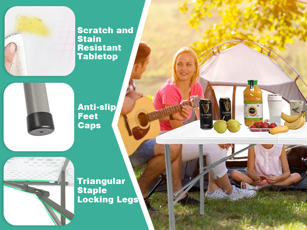 Scratch and stain resistant tabletop; Anti-slip feet caps; Triangular staple locking legs