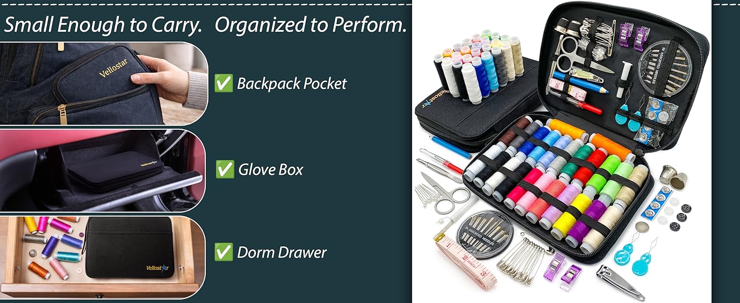 portable sewing kit for travel, glove box, dorm drawer, portability and convenience