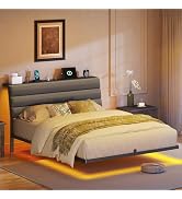STHYTON Queen Floating Bed Frame with Upholstered Storage Headboard & Charging Station, LED Platf...