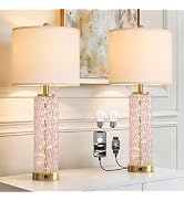 Oneach 27.75" Modern Table Lamps Set of 2, Pink Bedside Lamp with Class Nightlight, USB A+C, Uniq...