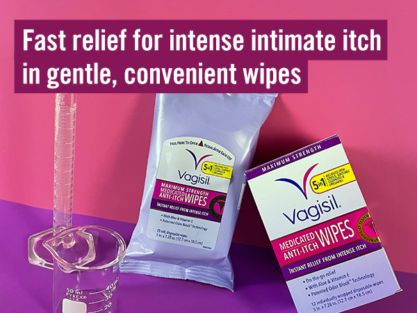 Fast relief for intense intimate itch in gentle, convenient wipes
