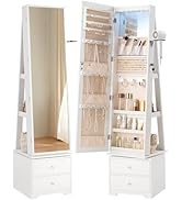 HOOBRO 360° Rotating Jewelry Cabinet with Lights, Standing Jewelry Armoire with 2 Drawers, LED Li...