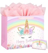 Yusenguan 16.5" Extra Large Unicorn Birthday Gift Bag with Greeting Card and Tissue Paper for Bab...