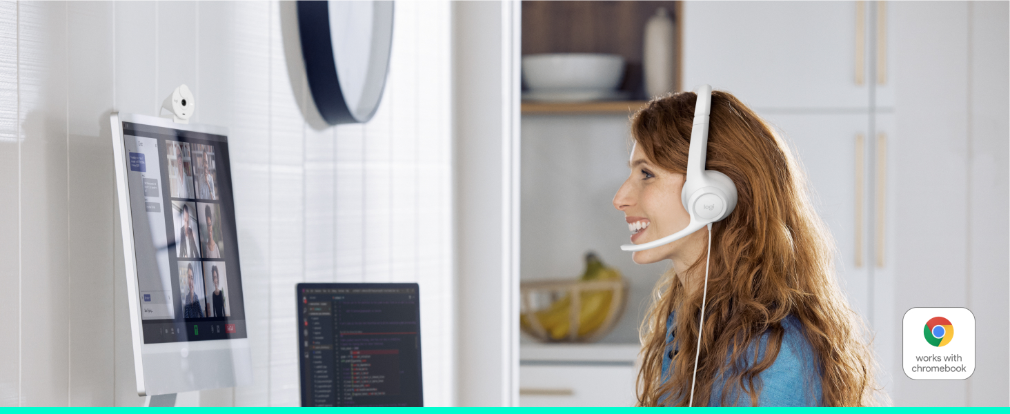 a woman having a video call using h390 usb headset off-white and brio 300 webcam off-white