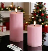 Girimax Pink Ribbed Flameless Pillar Candles with Remote, Flickering LED Wax Candles Battery Oper...