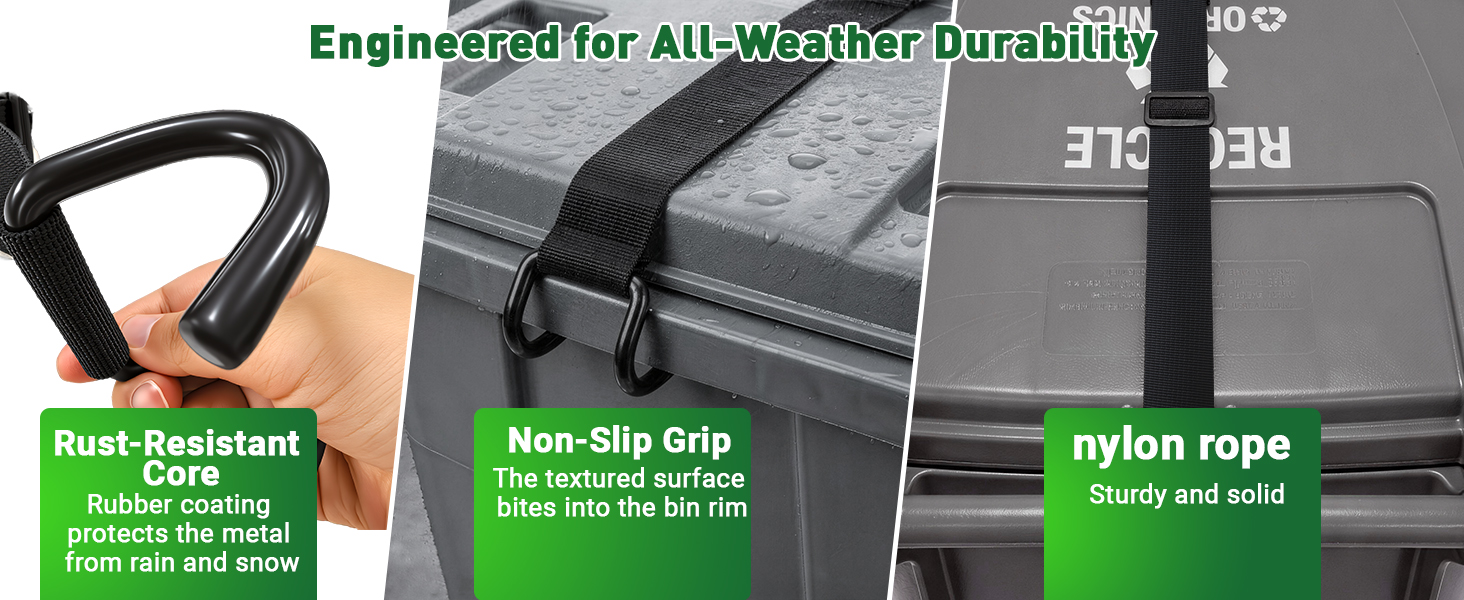 Three steps: hook metal claw on lid handle, wrap strap over lid rim, pull tight & slide to lock.
