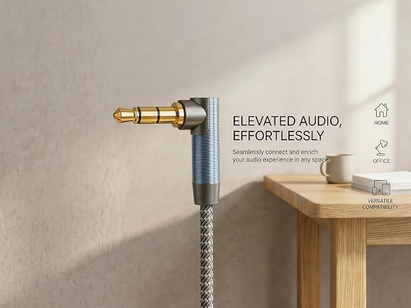 Gold plated 90 degree 3.5mm auxiliary plug, blue casing and braided cable.