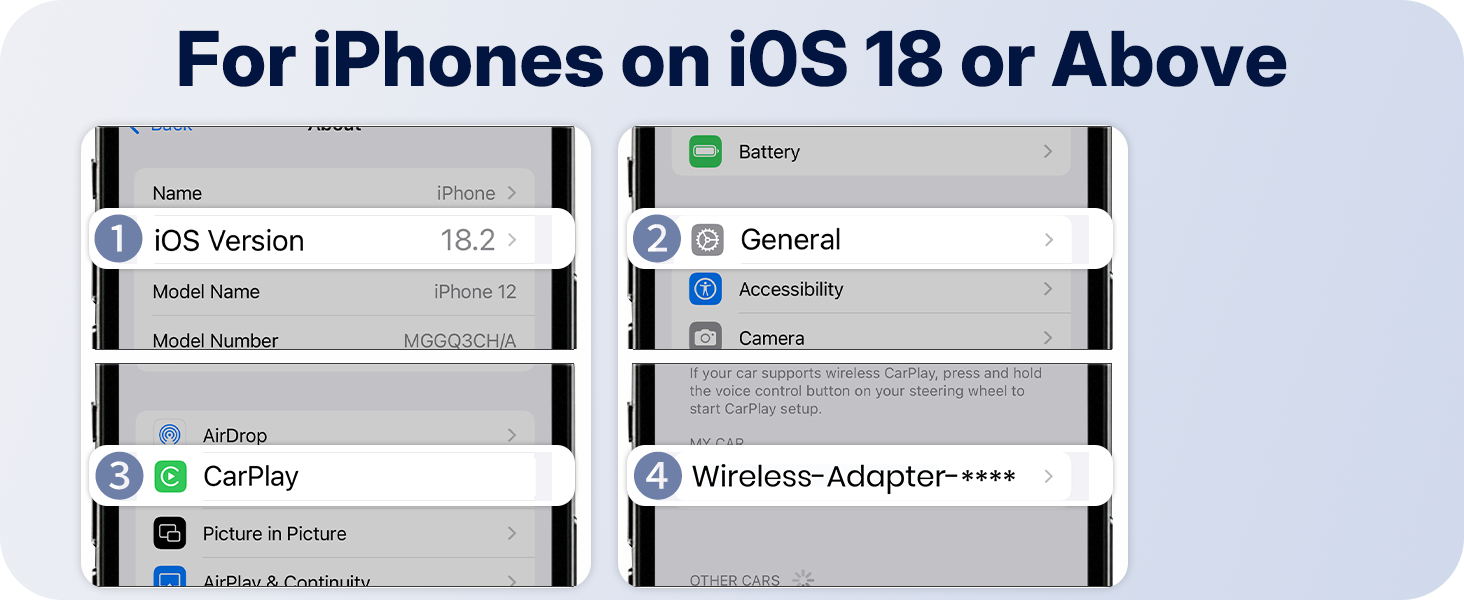 Wireless CarPlay shows iOS 18+ setup steps for confirming vehicle connection