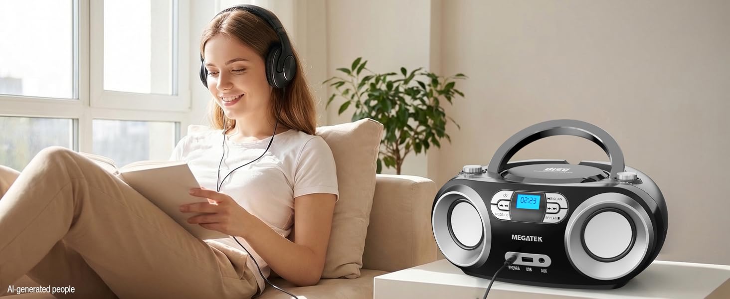 MEGATEK Portable CD Player Boombox with Headphone Jack