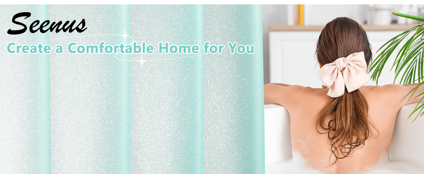 Seenus Dreamy Teal Glitter PEVA Shower Curtain with 3 Weighted Magnets for Bathroom