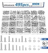 smseace 495Pcs SAE&Metric Nuts and Bolts Assortment Kit 26-Sizes M3/M4/M5#6-32#8-32#10-24 Phillip...