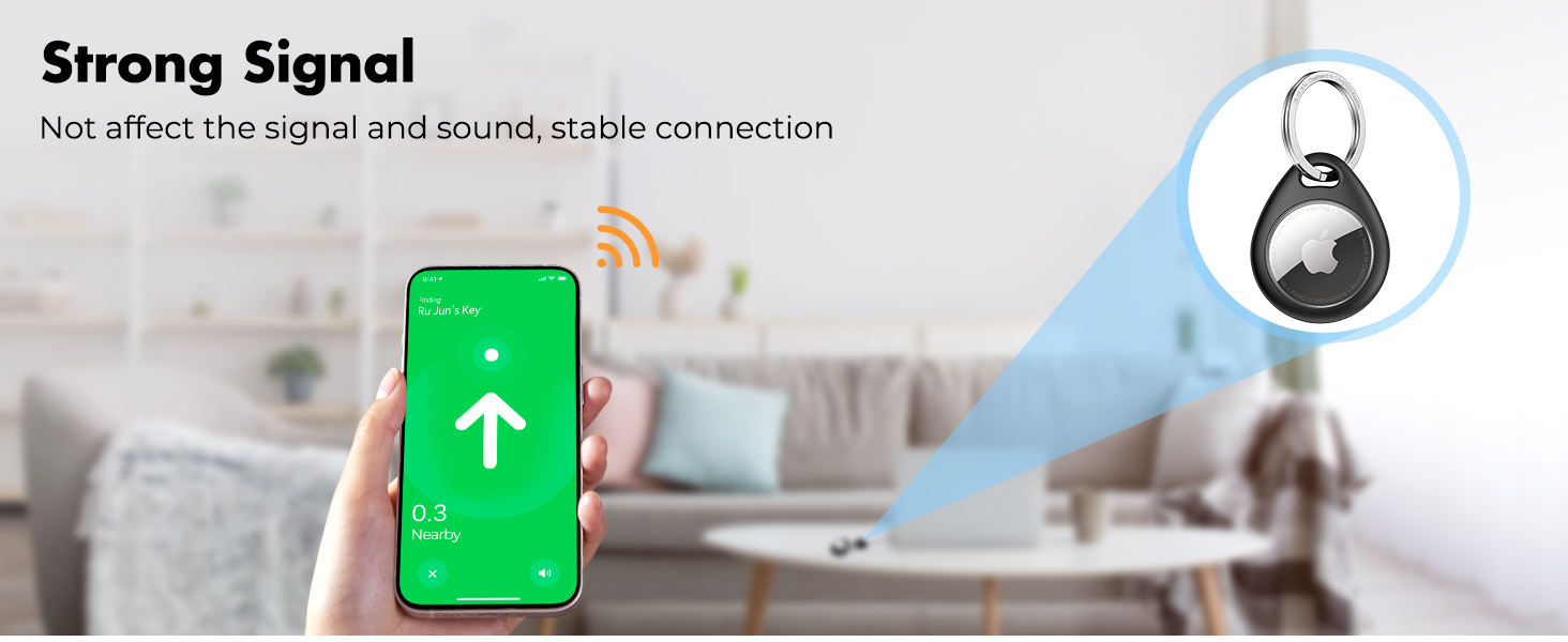 Smartphone displaying green screen with arrow icon, connected to small circular device with keyring. Text emphasizes strong signal and stable connection in a living room setting.