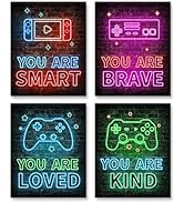 Neon Video Game Decor Set of 4(8"x10"), Boys Room Decorations for Bedroom, Encouragement Gaming W...