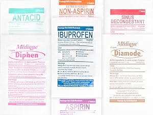 assorted medication unit dose packaging antacid diphen ibuprofen aspirin sinus relief diarrhea