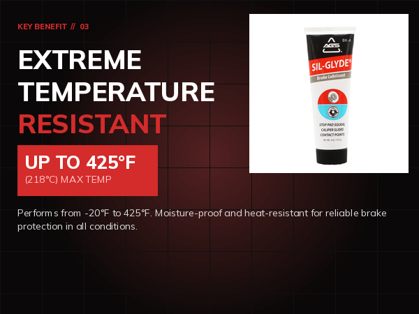 Sil-Glyde brake lubricant rated up to 425 degrees Fahrenheit on a dramatic dark red background.