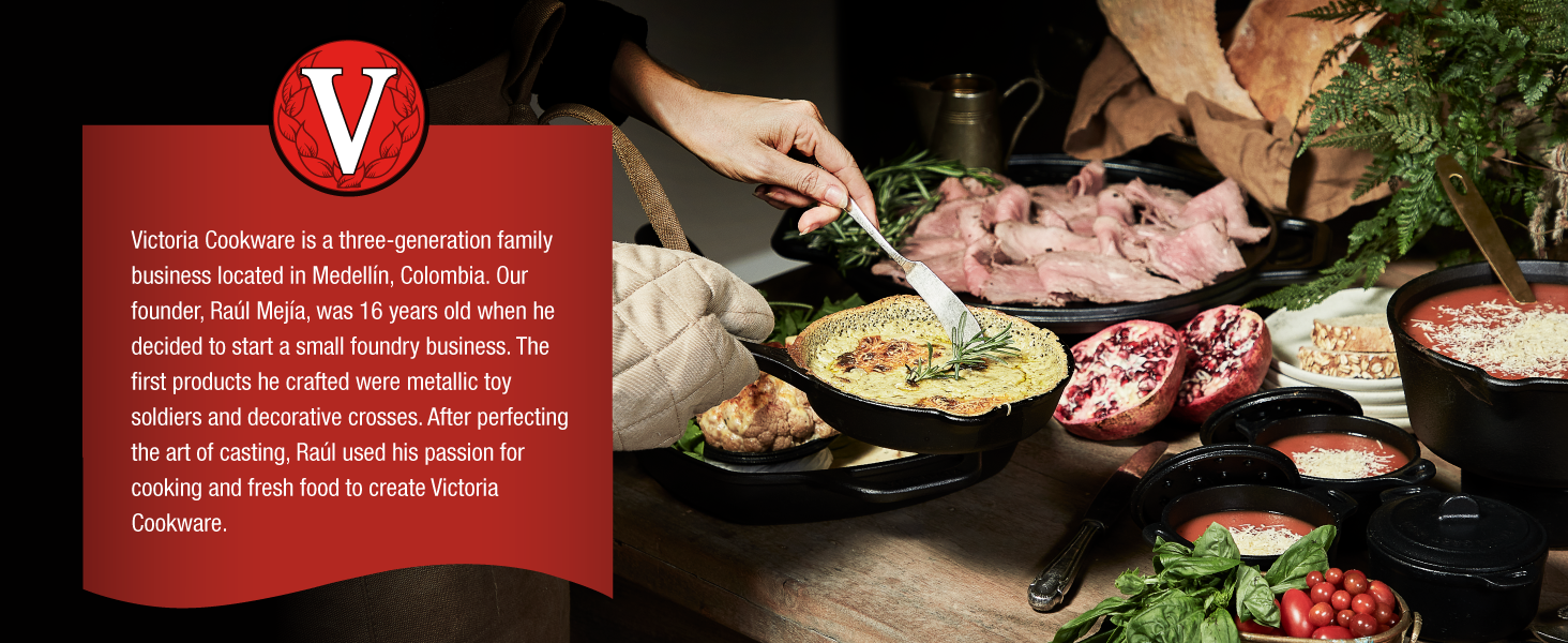 Cast-iron cookware on a table. Text reads: A three-generation family business.
