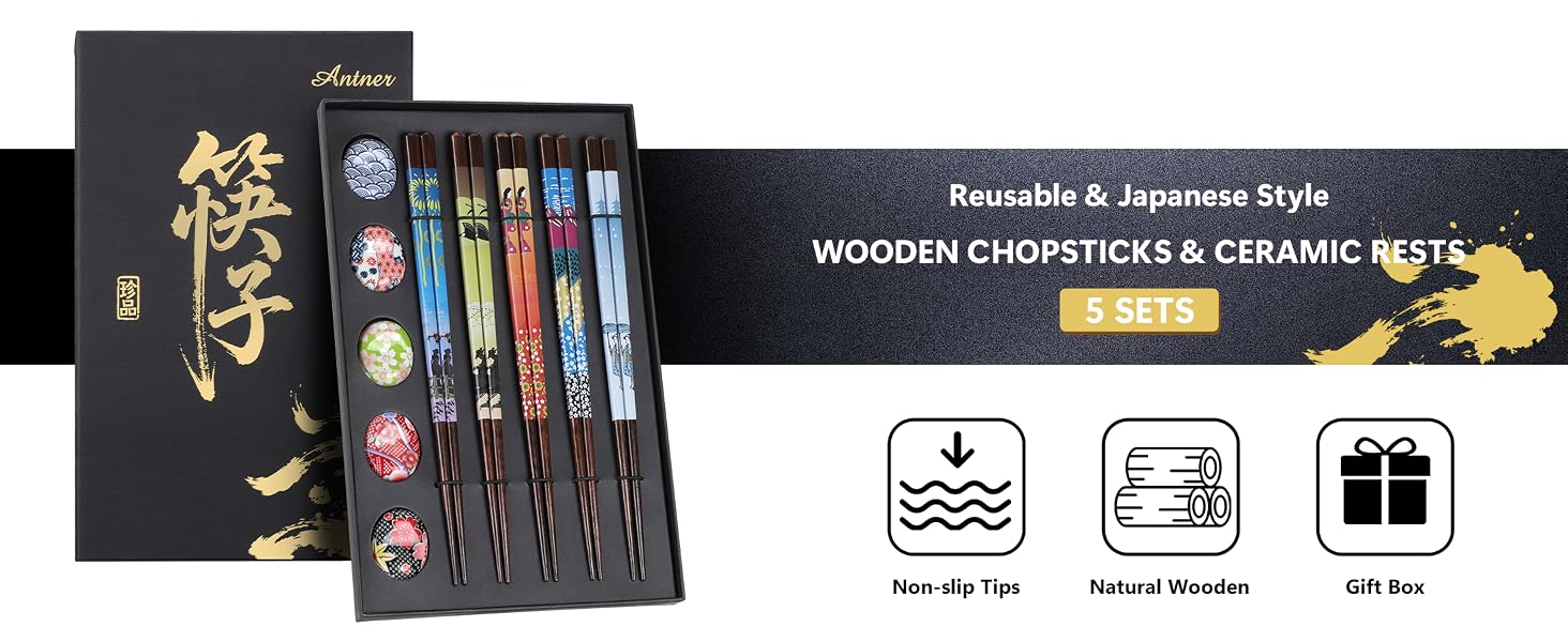 Reusable Wooden Chopsticks AND Ceramic Rests Set