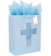 Loveinside Blue Gift Bag with Cross Design, Tissue Paper for Baby Boy Baptisms, Christenings, Fir...