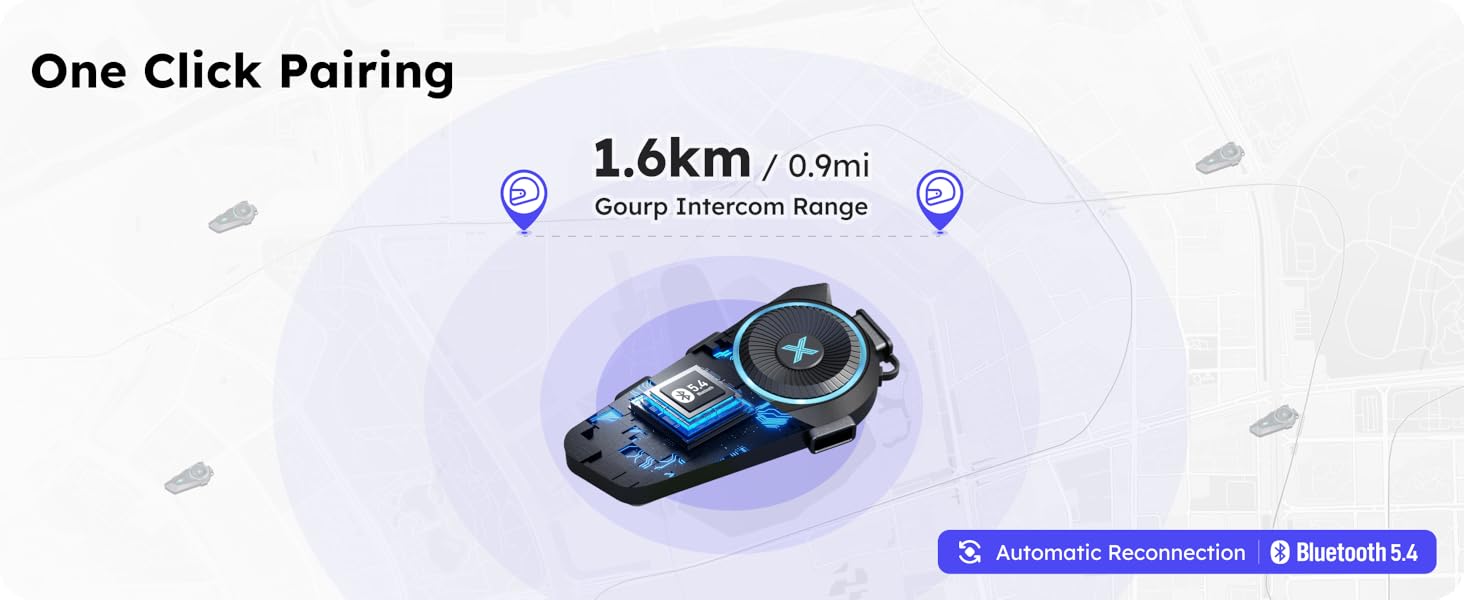 Text reads: 'One Click Pairing' and '1.8Km'. Product appears to be a black car key fob or remote device with blue lighting effects shown on purple gradient background.