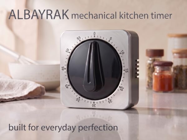 Albayrak stainless steel 60-minute mechanical kitchen timer on counter.