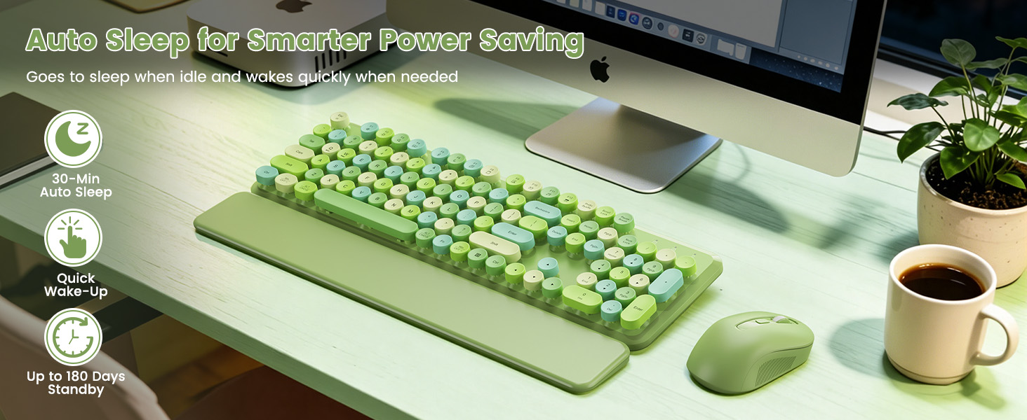 Green retro keyboard and mouse with auto sleep for smarter power saving.