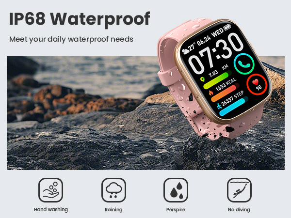 Text reads 'IP68 Waterproof' and '07:30'. Smartwatch displayed over rocky coastal background with four icons below showing waterproof features.