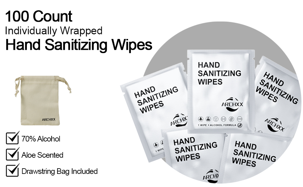 100 count individually wrapped hand sanitizing wipes, 70 percent alcohol, aloe vera scent