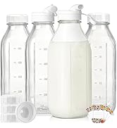 4 Pack 1 Liter Glass Milk Bottles w Scale, 100% Airtight Heavy Duty Screw Lid - 32 Oz Drinking Ja...