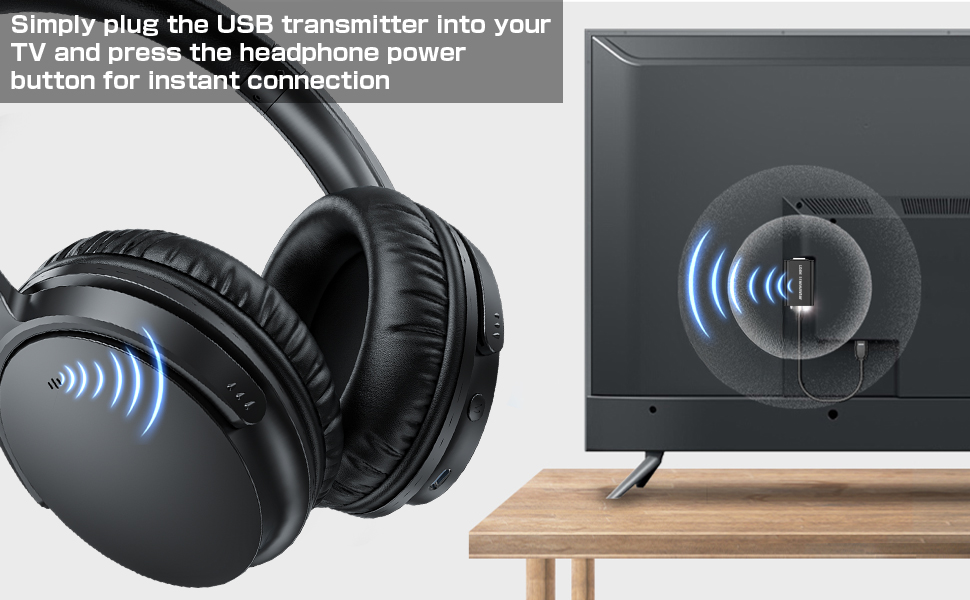 Plug the USB transmitter into your TV and press the headphone power button for instant connection