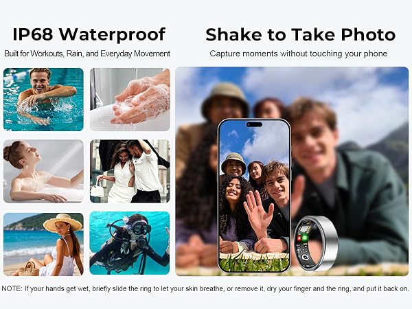 Active lifestyle smart ring with IP68 waterproof protection and hands-free remote photo control.