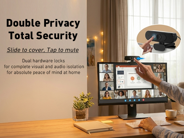 Text reads 'Double Privacy' and 'Total Security' with subtitle 'Slide to cover. Tap to mute.' showing dual functionality. Image displays compact black camera device on desk near laptop.