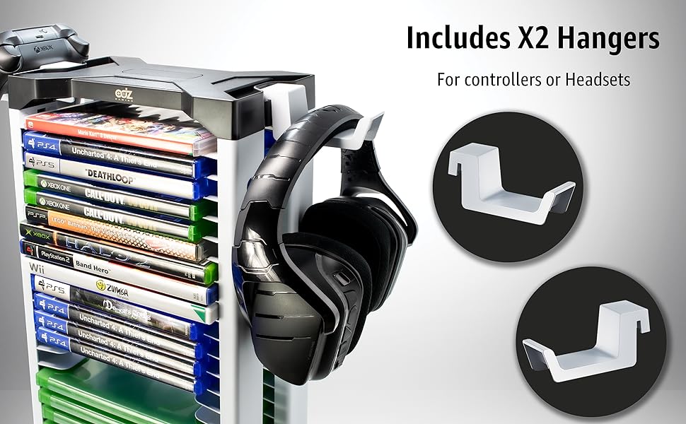 Video game storage stand with controller mounts