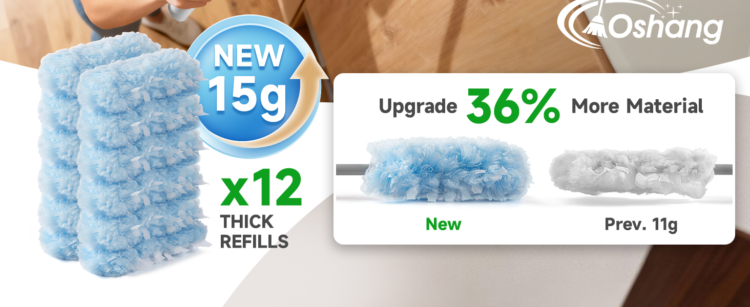 Extendable microfiber duster reaching high areas to trap dust on fans and furniture.