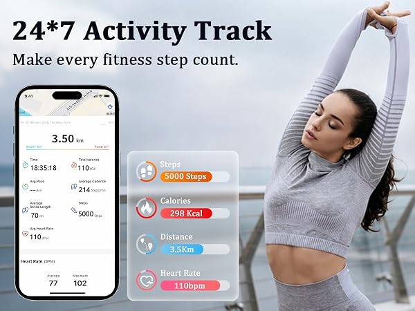 Text reads '24*7 Activity Track' and 'Make every fitness step count.' Image shows woman in white athletic wear doing side plank stretch. Smartphone display shows fitness tracking interface with colored activity metrics and statistics.