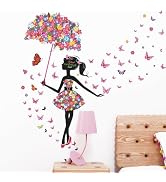 Supzone Flower Fairy Wall Decal Girl with Umbrella Wall Sticker Colorful Butterfly Floral Wall De...